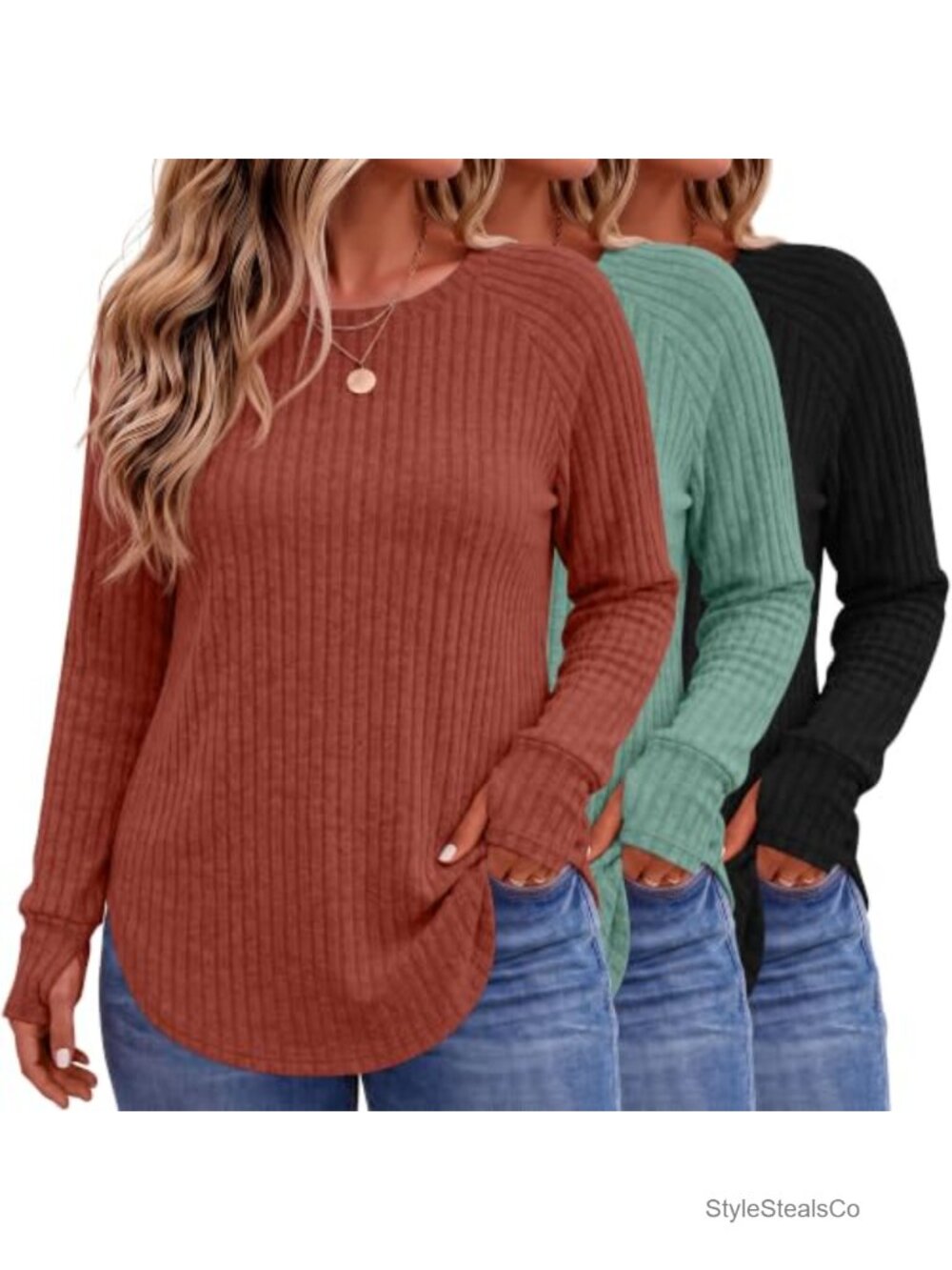 3 Pack Women's Plus Size Ribbed Knit Sweater Tops Long Sleeve Tunic with